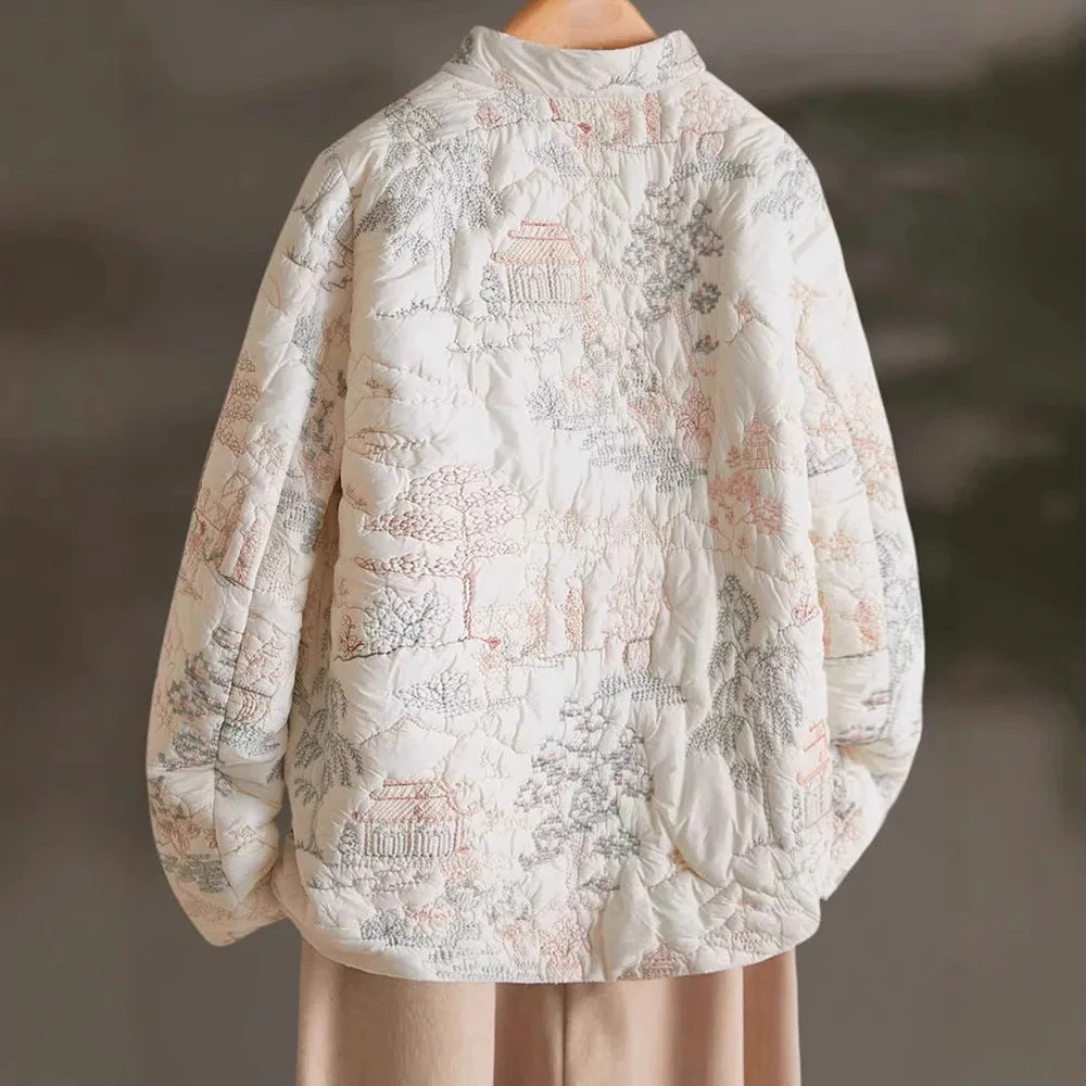 Parkas Women Coats Floral Embroidery Jackets Full Sleeve Thick Warm Y2k Streetwear Elegant Jacket Work Coat Autumn Winter 2025