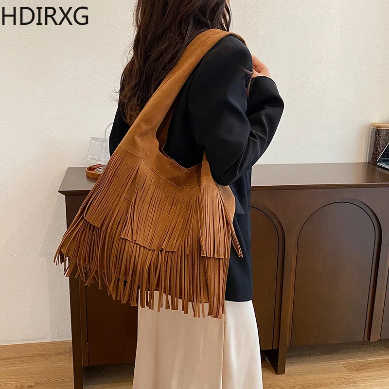 Fashion Retro Women Messenger Bags Tote New Women\'s Shoulder Handbag Casual Crossbody Solid Color Brown Tassel Bag for Lady Girl