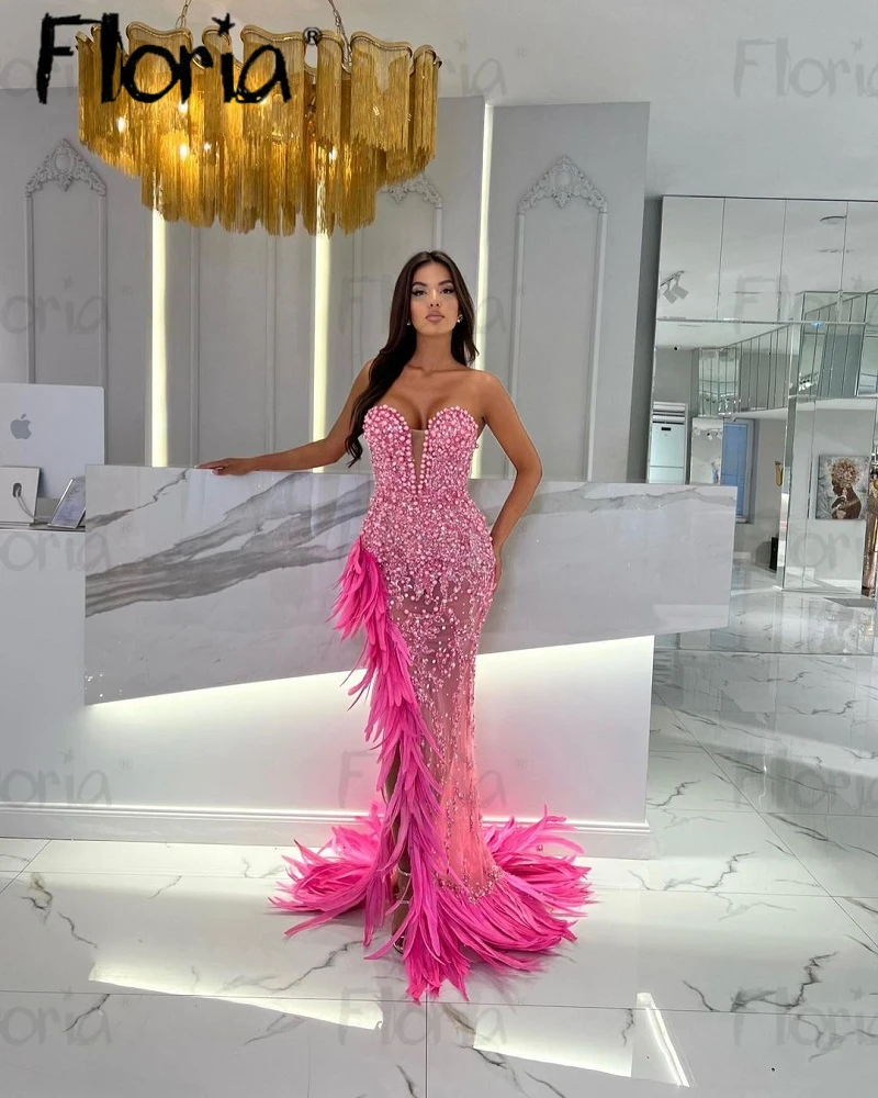 Women Hot Pink Side Feather Party Dress with Beads Pearls Dubai 2023 Custom Made Luxury Wedding Evening Night Gowns Formal