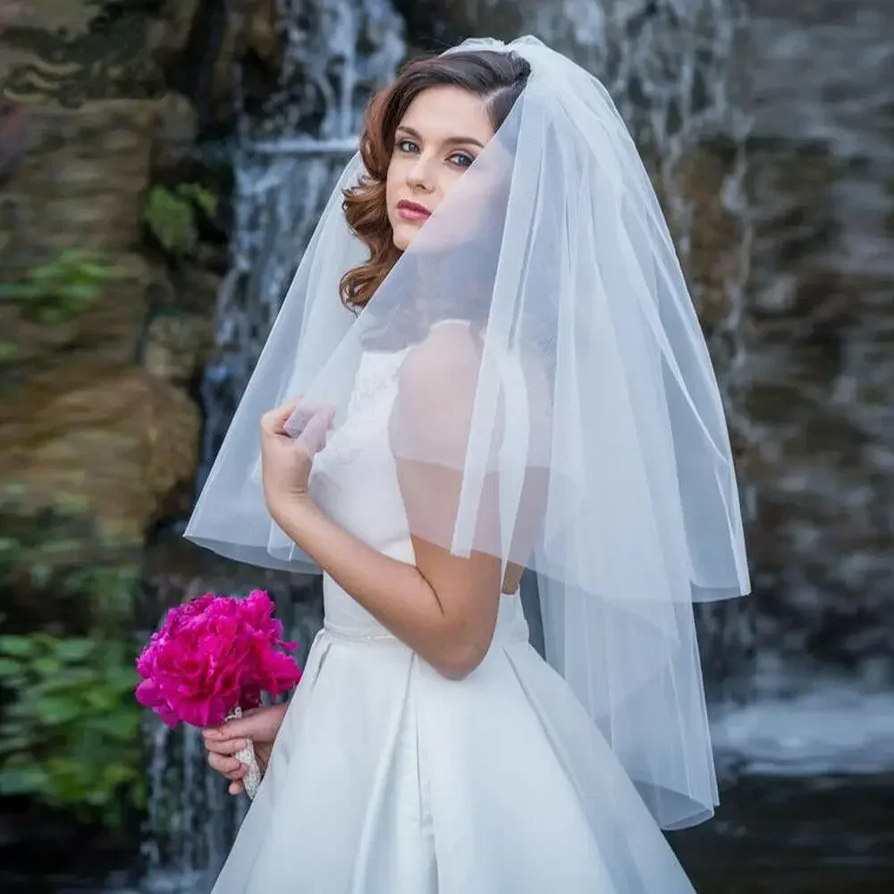 Velo de novia de tul blanco/Marfil de dos niveles con borde cortado, velos de novia hasta la yema del dedo