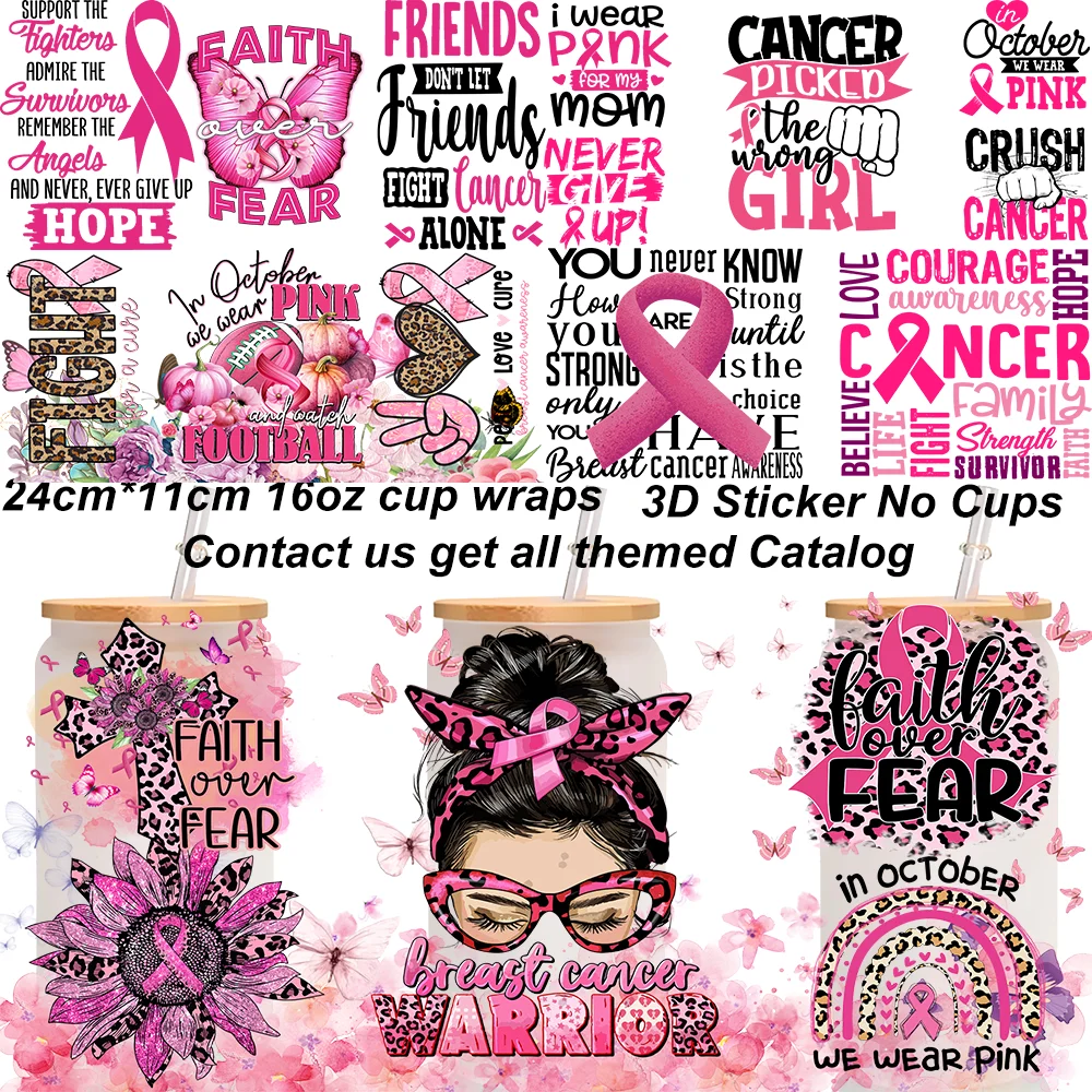 Breast Cancer Themed Uv Dtf Cup Wraps Warrior Sticker For 16oz Libbey Cup DIY Decals Gift Women Power Vibe 3D Transfer Sticker