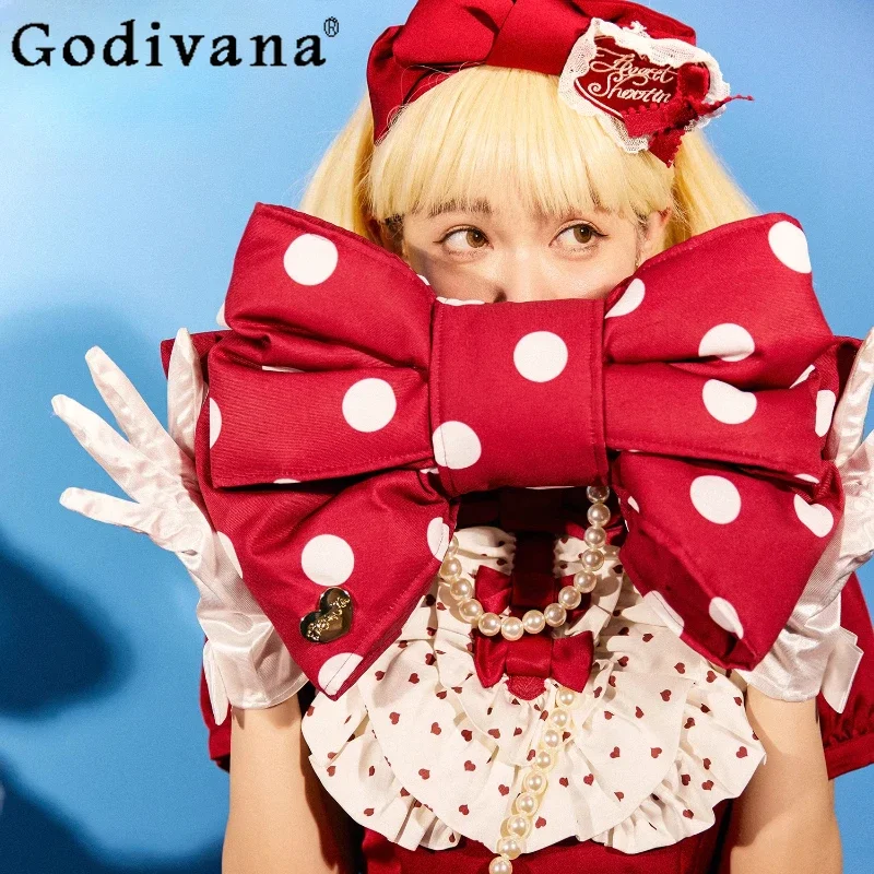 Red Lolita Cute Bow Backpack Original Sweet Girls Women's Polka Dot Shoulder Bag Y2K Leopard Print Kawaii Shoulder Bags