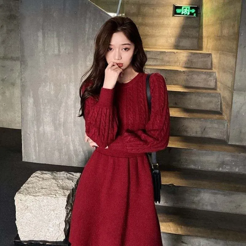 Autumn Winter Twist Knitted Dress Korean Solid O Neck Loose Long Sleeves A Line Dress Vintage Casual Warm Pullover Sweater Dress