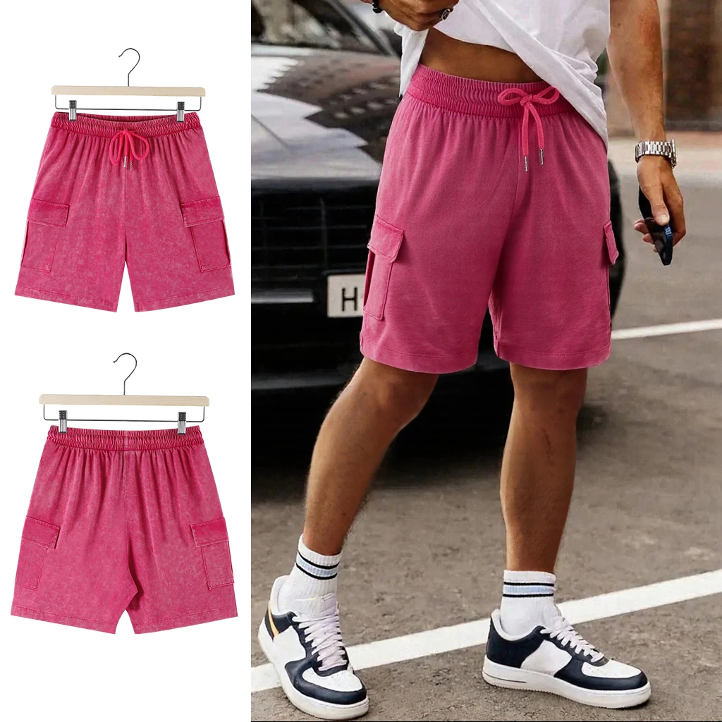 

Solid Snow Wash Pocket Shorts Men Soft Cotton Summer Drawstring Streetwear Creative Retro Fashion Unisex Casual Short Suit