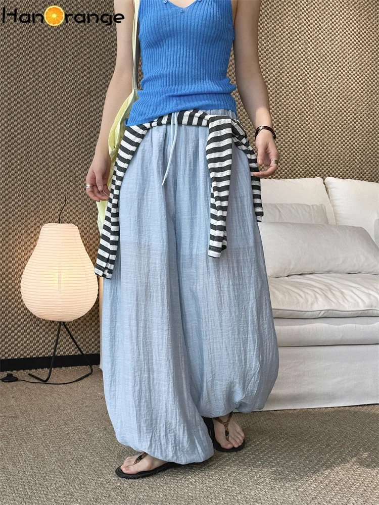 

HanOrange 2026 Summer Elastic Drawstring Wrinkle Pants Women Ankle-tied Truosers Black/Off White/Yellow/Light Blue/Pink