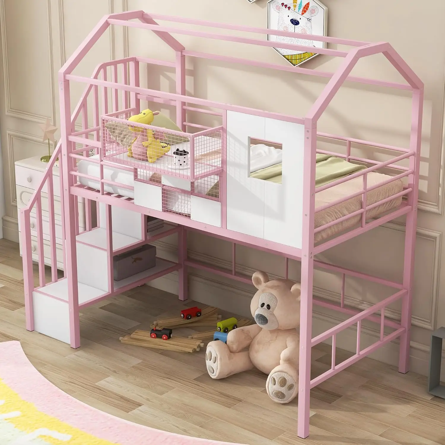 Harper & Bright Designs House Loft Bed avec escaliers, lit double en métal, cadre avec toit, boîte de rangement, style moderne