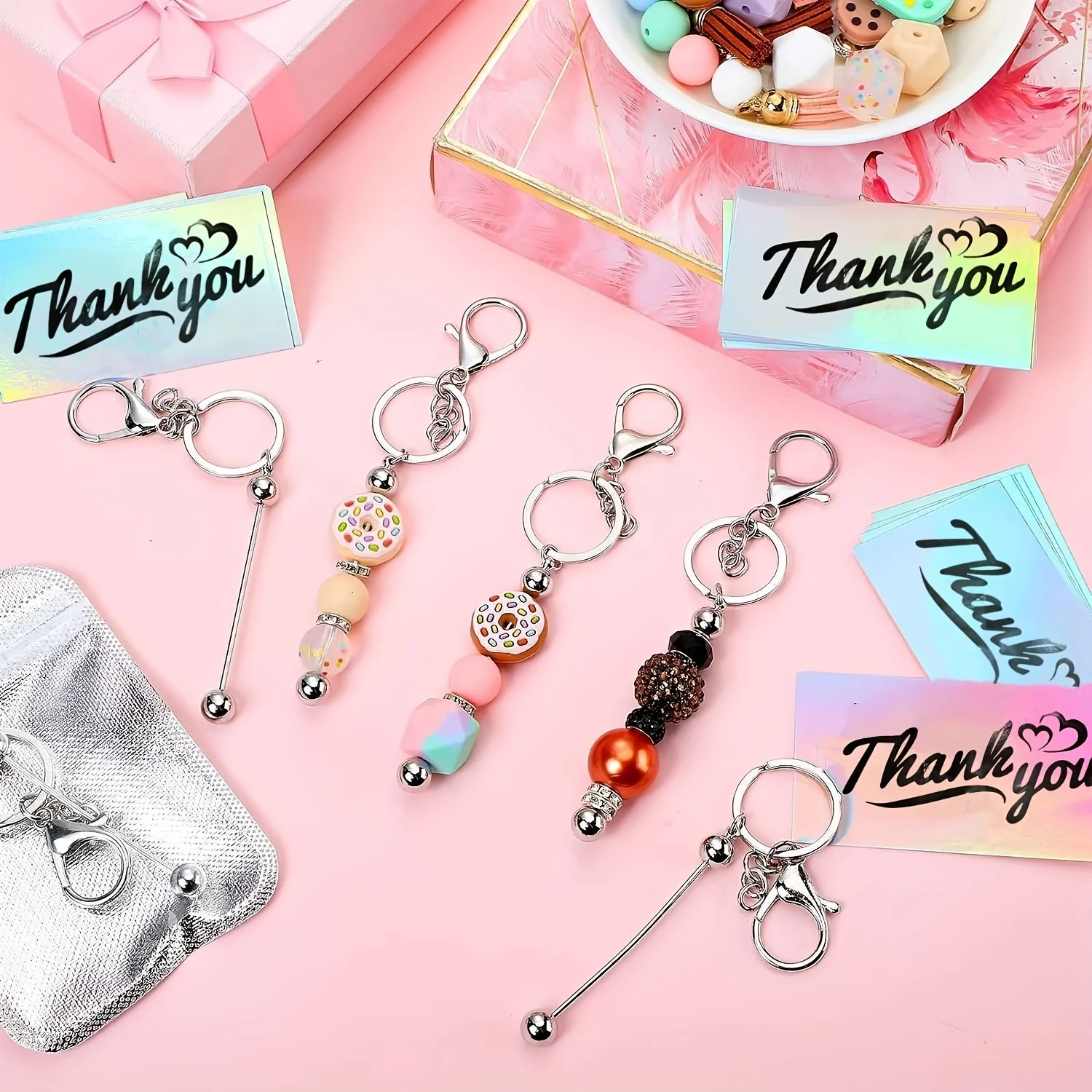 10/40 Set Whimsical Adorable Playful Blank Bead Keychains DIY Silver Handmade Strips Decor Craft Christmas Party New Year Gift