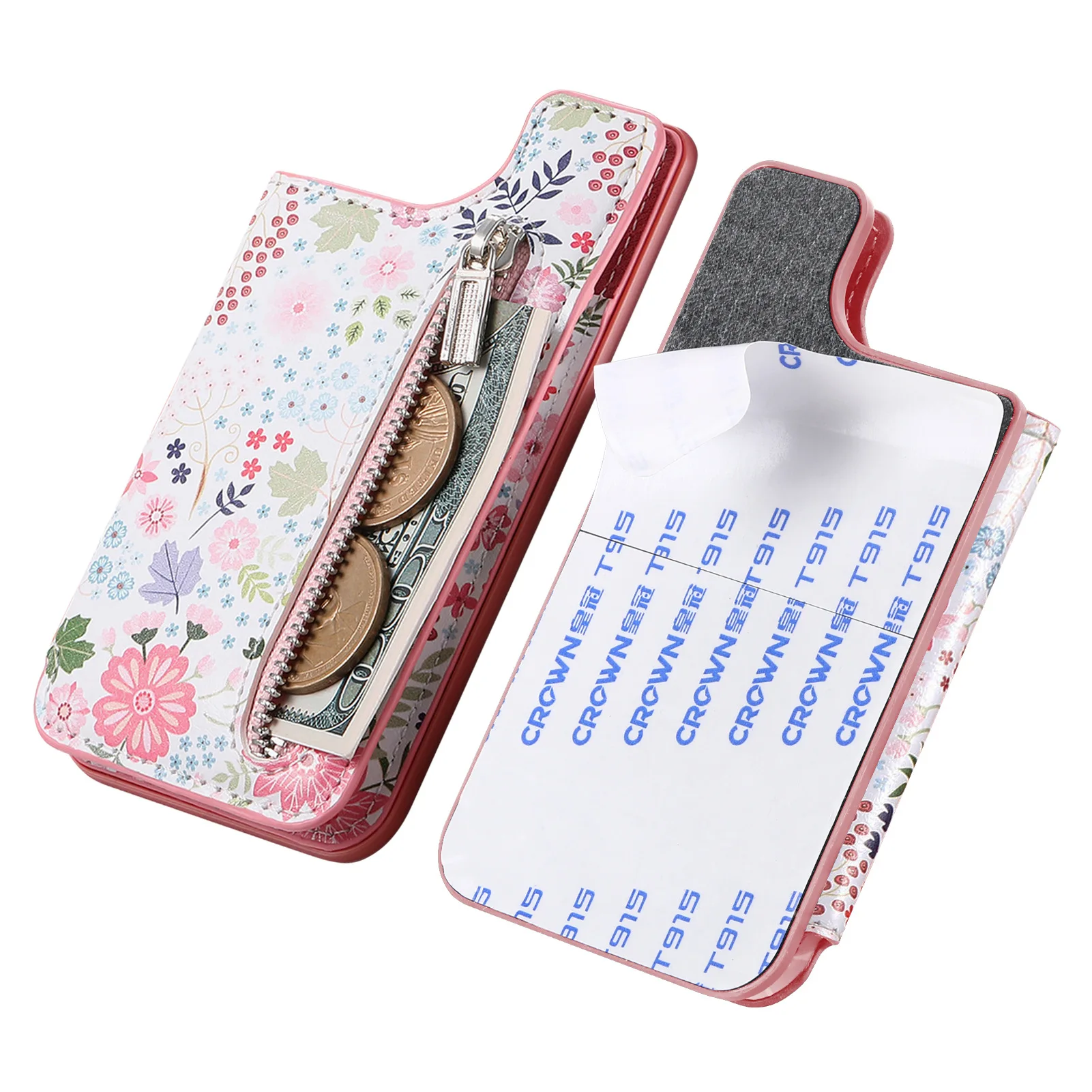 

Back-stick Card Holder for Phone Case Adhesive Back Sticker Painted Color PU Leather Wallet Holder with Zipper LKB32