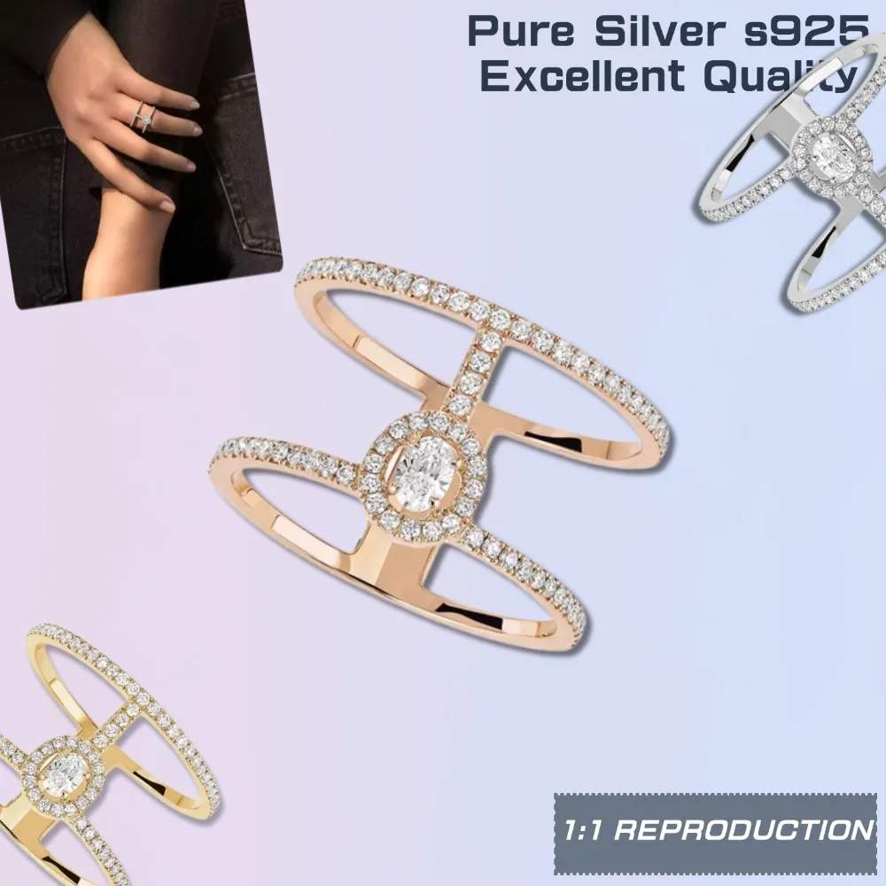 Unique original 2 Rows Pavé Diamond Hollow Ring Sterling Silver 925 Ring woman Jewellery Luxury Brand for Parties Banquet