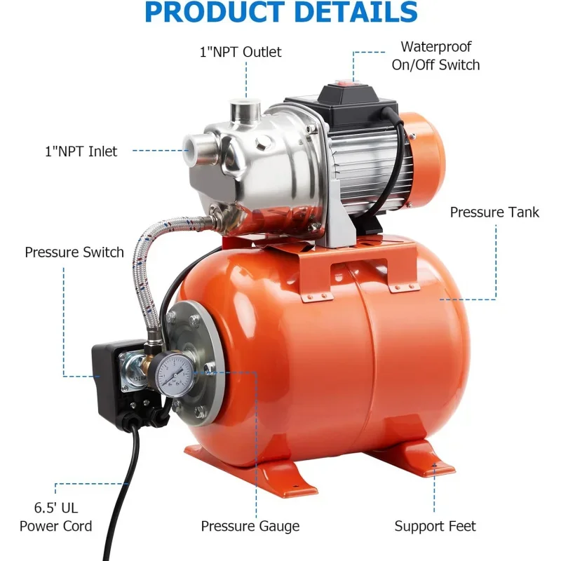 1HP Shallow Well Pump with Pressure Tank, Stainless Steel, 115V Irrigation Pump, Automatic Booster Jet Pump Home, Gard