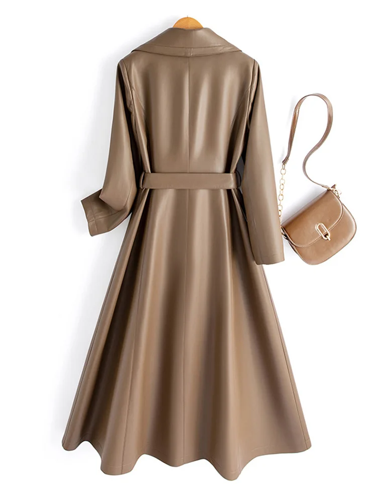 New Women Split Leather Coat Spring Autumn Fashion Large Lapel Slim Waist With Belt Long Trench Elegant Leather Coat Female