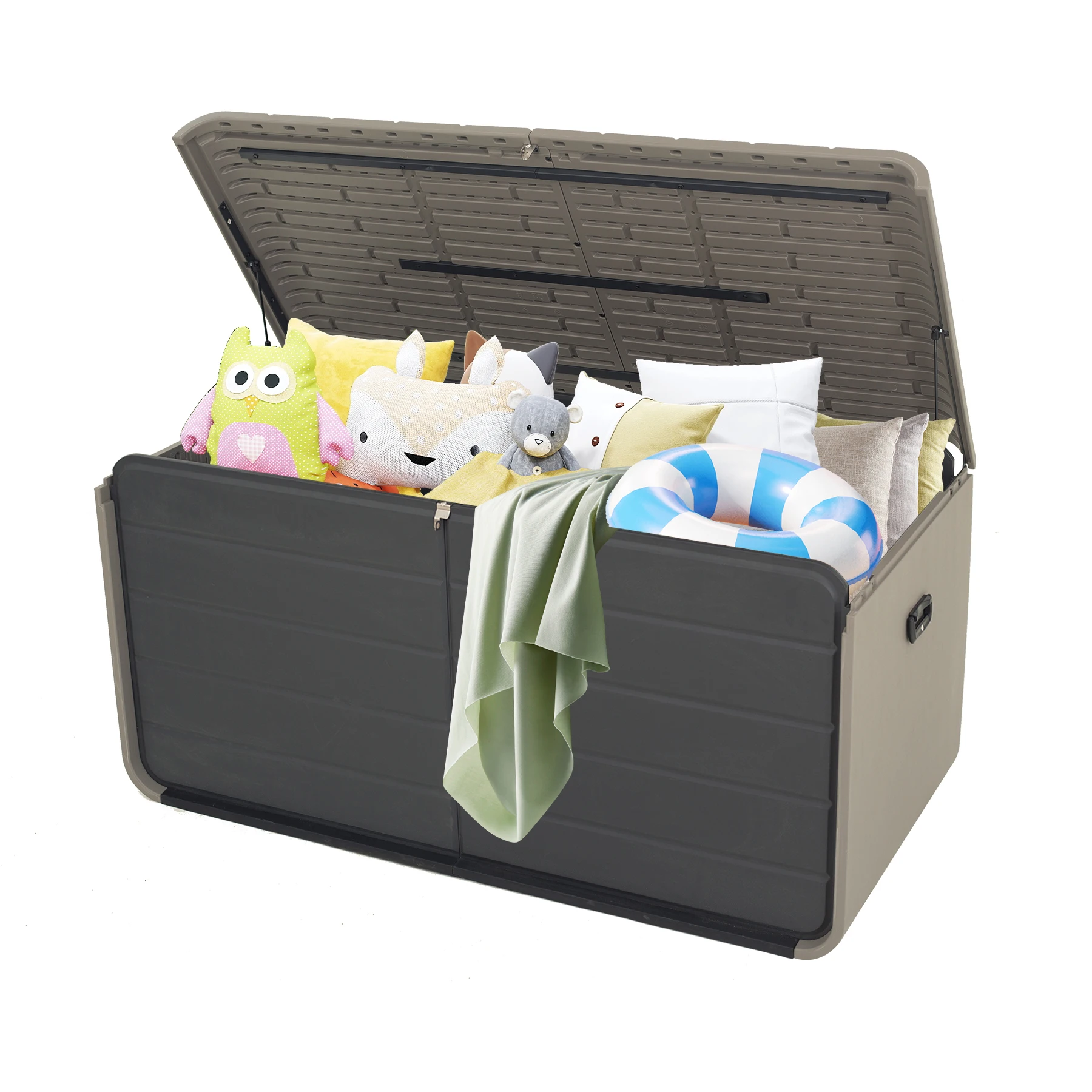 

！@Large 260-Gallon Gray Plastic Deck Box for Outdoor Furniture Patio Storage with Lock Wheels & Waterproof Lid