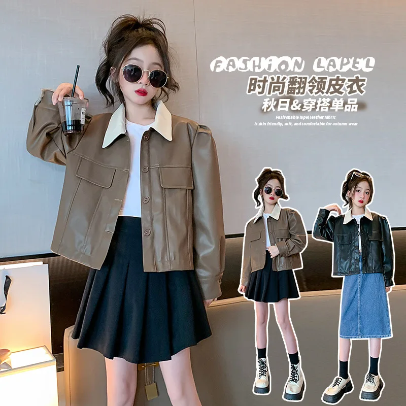 

Children Black Short Coat Girls Leather Jackets Turn Down Collar Thicken Warm PU Jacket Kids Winter Overcoat Outwear TR322