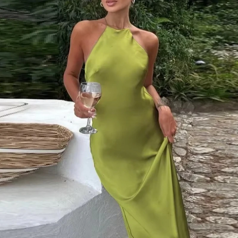 

2025 New Woman Summer Dress Solid Satin Halter Neck Backless Long Dresses Chic Sexy Elegant Vintage Women's Evening Dress