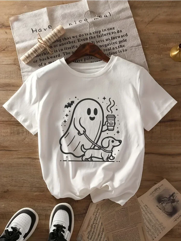

Women's Fashion Dachshund Halloween T-shirt Cartoon Printed Round Neck Short Sleeve Casual Summer Harajuku Y2K Tops