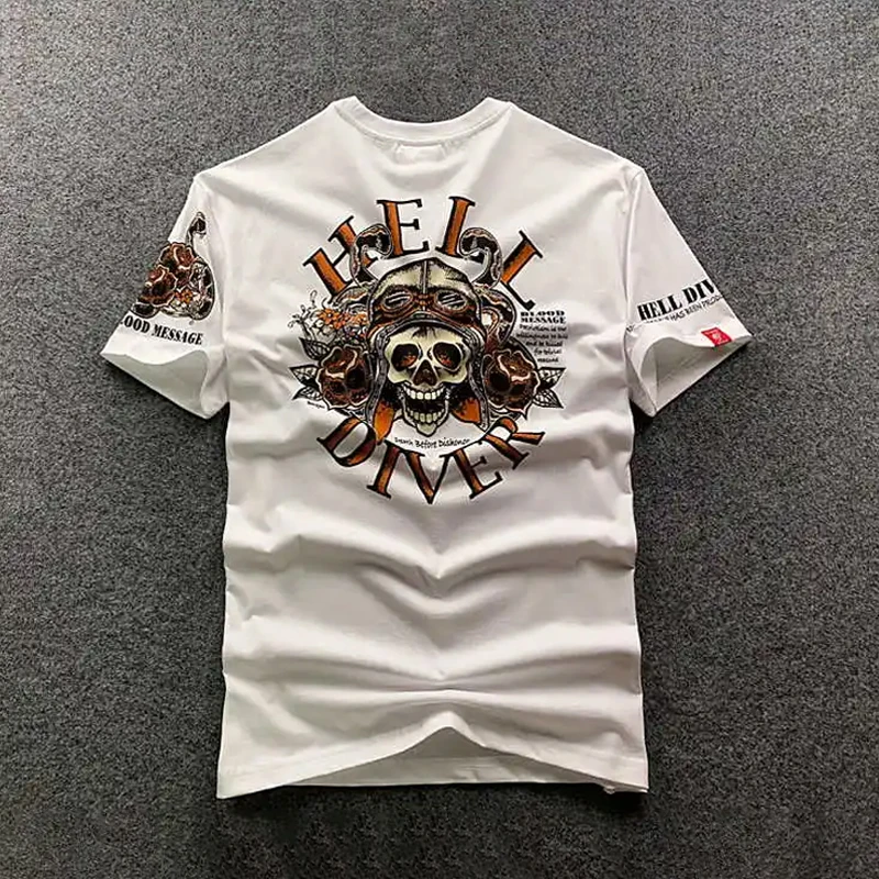 T Shirt Man Motorcycle Tattoo Street Style Cool Cartoon Skull Flying Retro Logo Summer Casual Printing Short Comfortable O-neck