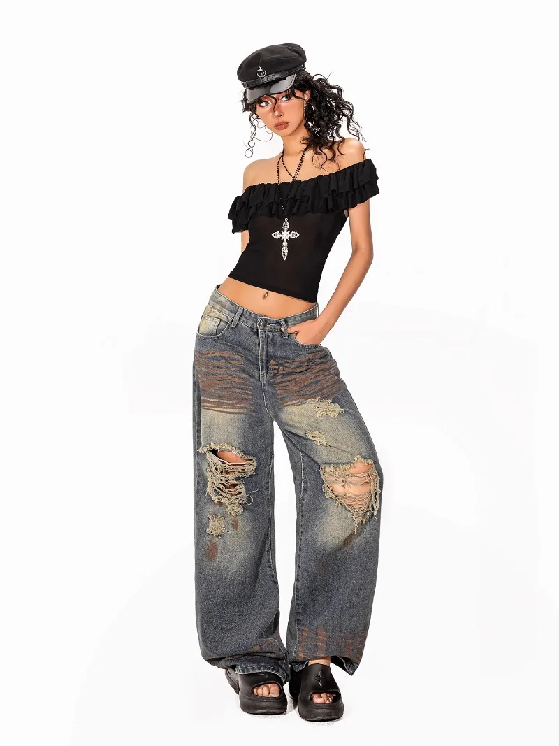 New American Retro Style Zipper Long Ripped Jeans Ladies Summer Design Wide-legged Soft Girls Mopping Trousers Women's Clothing