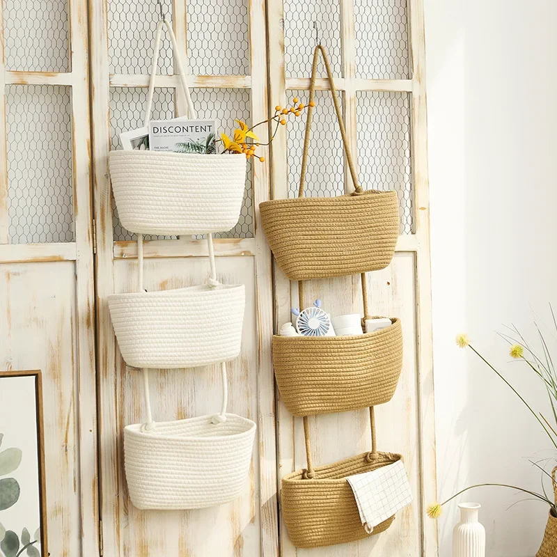 Hanging Cotton Rope Storage Basket 3 Layers String Multi-purpose Wall-mounted Manual Weave Snacks Flowers Book Storage Baskets