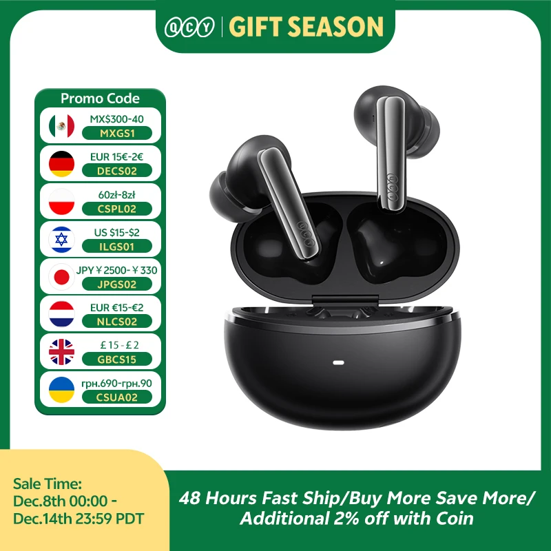 QCY MeloBuds N70 ANC 무선 이어버드, 블루투스 6.0, 적응형 노이즈 캔슬링, LDAC, 고해상도 오디오, 6개 마이크, ENC 이어폰, 50시간 재생, 무선 충전, 헤드폰, 인이어 감지