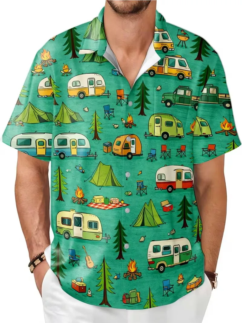 

Men's Camping Camper Print Hawaiian Shirts Casual Short Sleeve Button Down Beach Shirt Summer Vacation Aloha Shirts Top