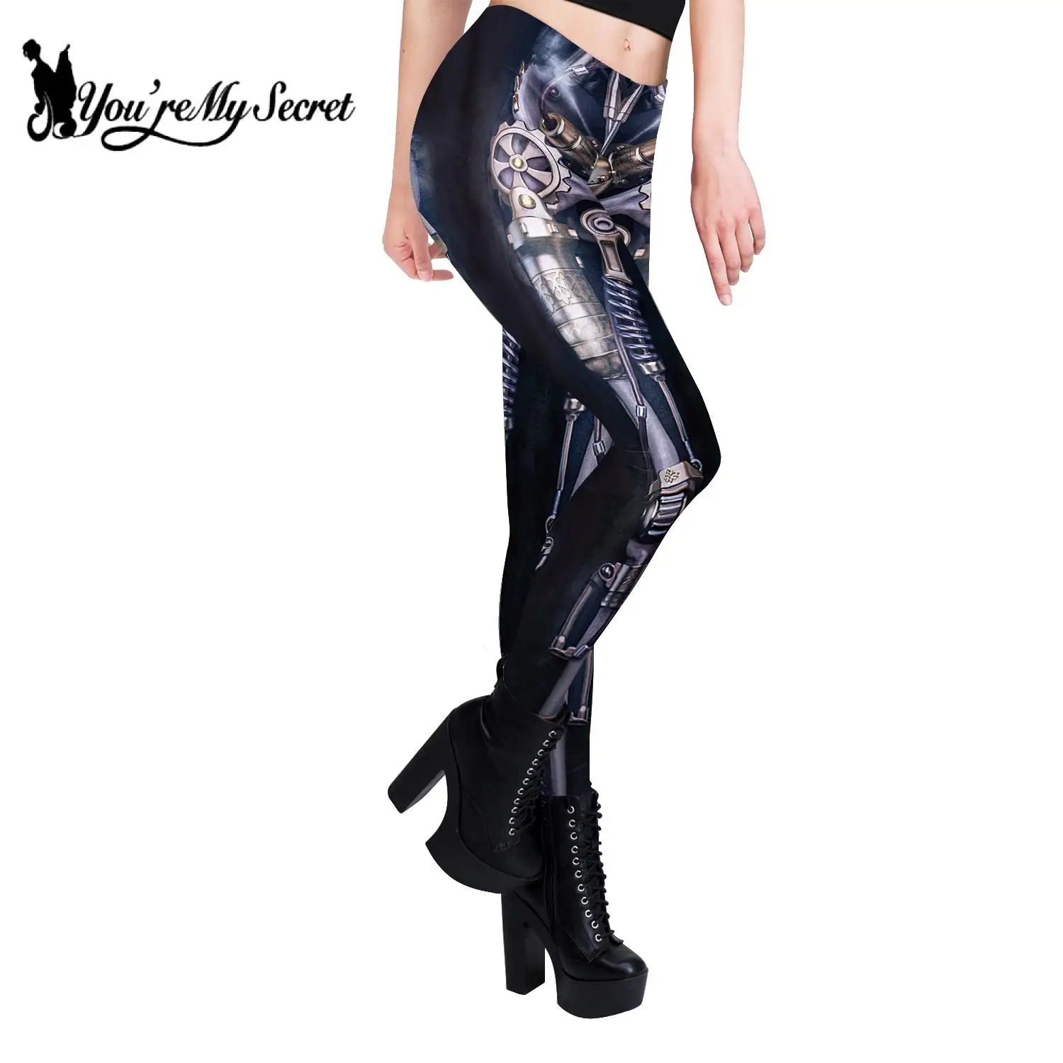 [Du bist mein Geheimnis] Vintage mechanische Ausrüstung Leggings sexy Steampunk Skelett gedruckt Leggin Mid Taille Hosen Frauen Fitness Hose