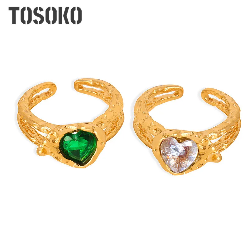 TOSOKO Stainless Steel Jewelry Emerald Cut Glass White Zircon Hip-Hop Iirregular Heart Female Ring BSA505