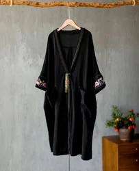 New Muslim women's tops Black embroidery Lace up long coat cotton linen Summer Cardigan Sunscreen clothing Air-conditioned shirt