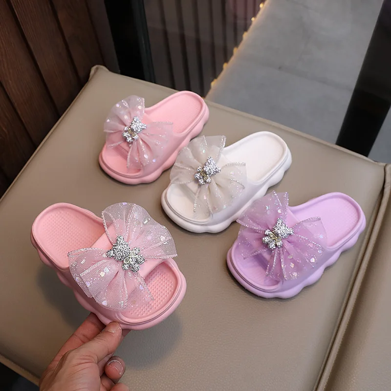 

Детские шлепанцы с стразами для девочек, на толстой подошве, летние пляжные нескользящие однотонные модные тапочки для дома и улицы