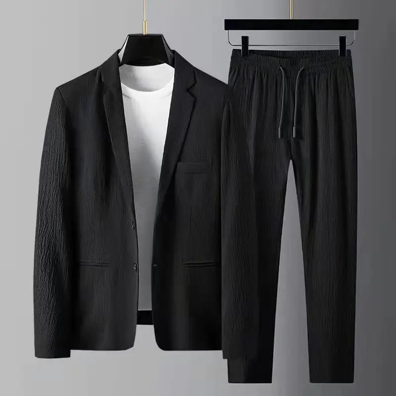 Spring Summer Fashion Cotton linen Suit Men Blazer Pants Pleats Long Sleeve Turndown Collar Jacket Drawstring Trousers