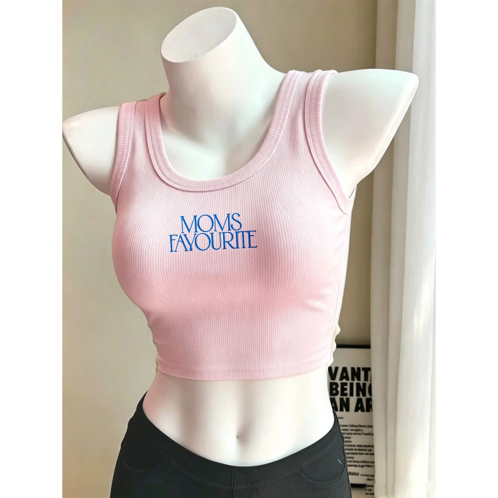 Moms Favourite Distorted Blue Letter Slogan Camisole Ribbed Tank Top Crop Y2k Top Female U Neck Sleeveless Tight Cropped Vest