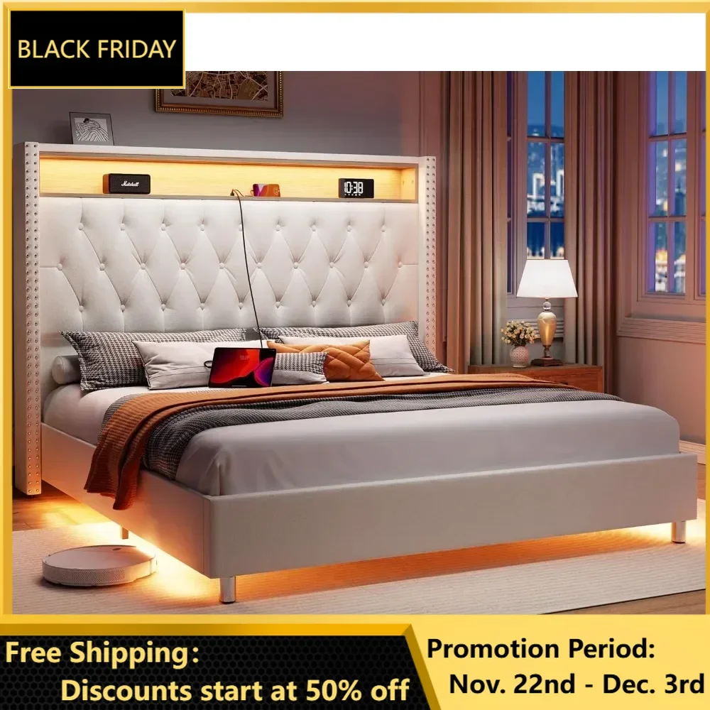 LED Bed Frame Queen with Charging Station Upholstered Beds Frames, Headboard Storage Motion Activated Night Light, Bed Frame