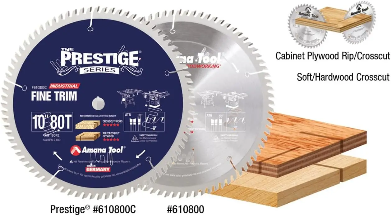 Tool 610800C Carbide Tipped Prestige Trim 10 Inch D x 80T ATB, 10 Deg, 5/8 Bore Circular Saw Blade