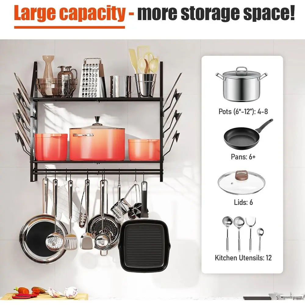 Black 28 Wall-Mounted Pot Rack with 2-Tier Pan Hanger and 12 Hooks, 6 Lid Holders for Kitchen Cookware and Utensils