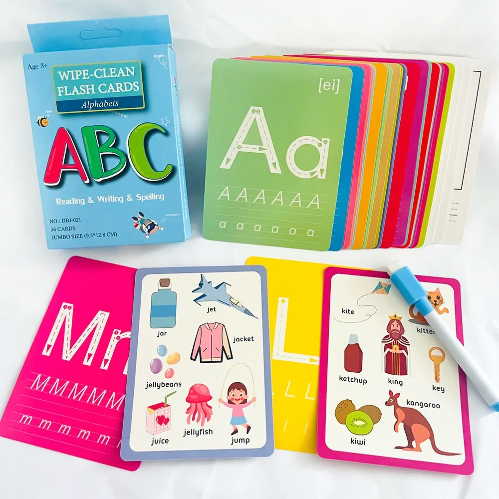 

36Pcs Children Cognition Cards with Erasable Pen Alphabet Letters ABC Flashcards Montessori Baby Kids Early Educational Toys