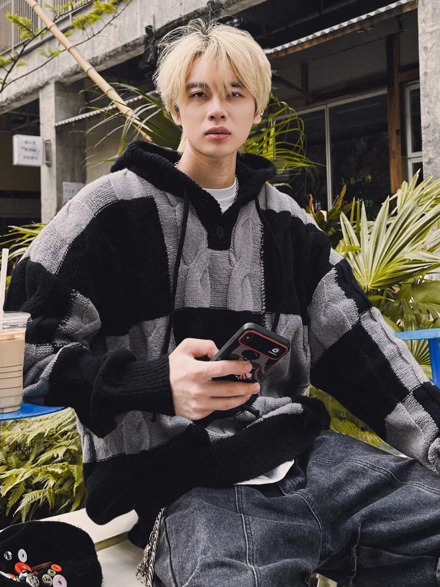 

Мужской утепленный вязаный свитер в ретро-стиле с полосками, свободный повседневный худи-кардиган из полиэстера, зимнее пальто