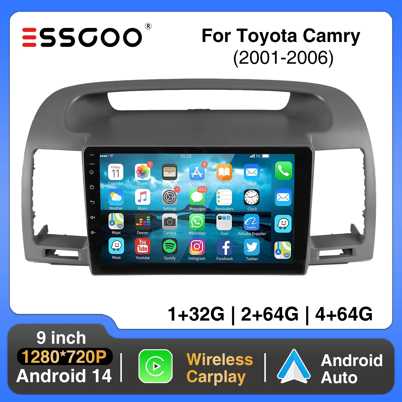 

ESSGOO 9" For Toyota Camry 2001-2006 Carplay Android Auto Car Stereo Multimedia Player Radio Android 14 GPS Navi Wifi BT FM SWC