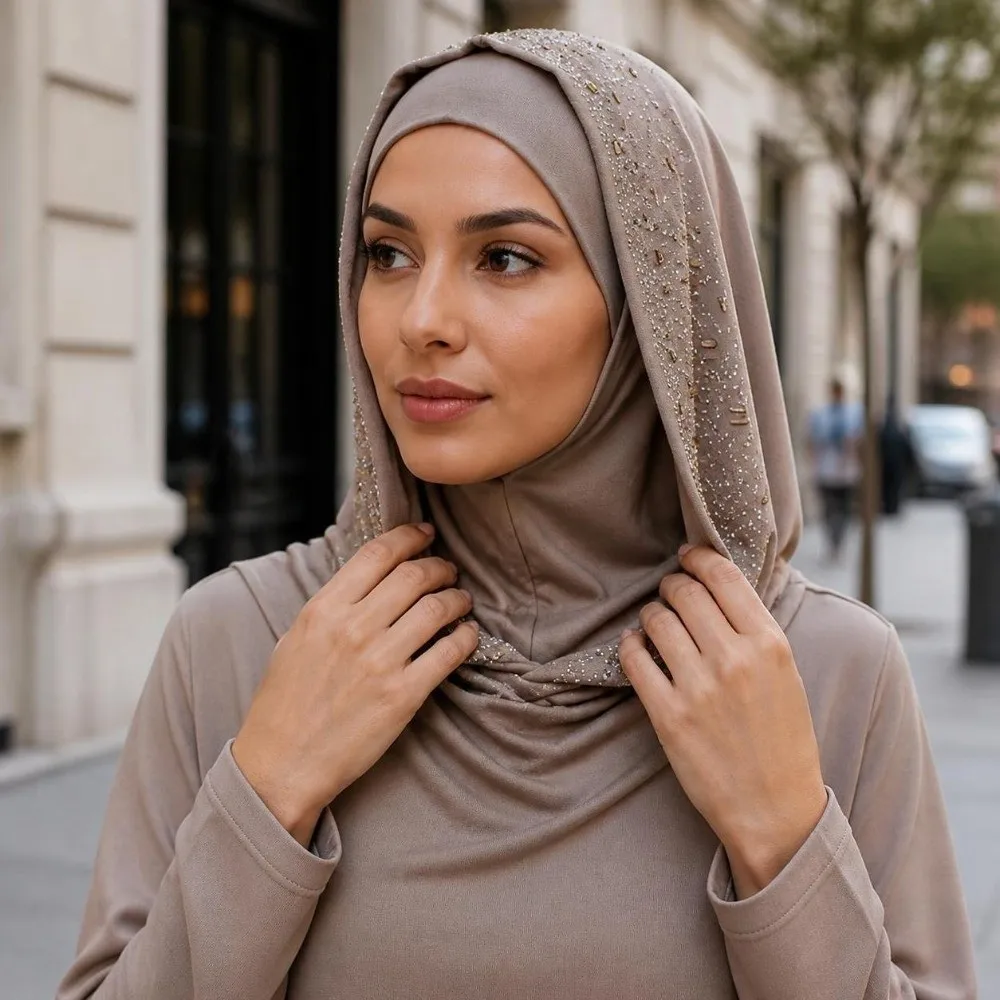 New Rhinestone Decor Instant Hijab Cap Soft Elastic Easy Wear Pull on Hijab Stretchable Breathable Head Wrap Hat Party
