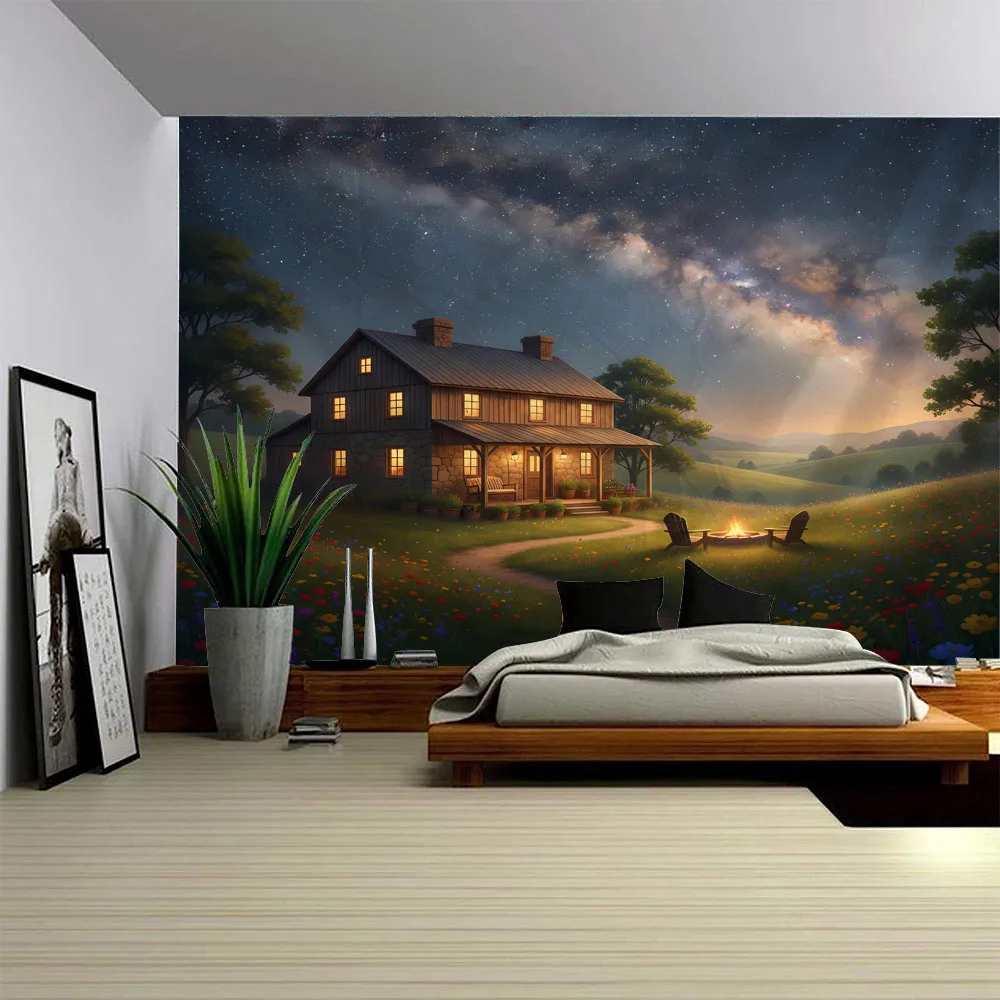 Starry Sky Wonderland Tapestry with Glowing Mushroom Forest Flower House Wall Hanging Cloth Home Decor Poster