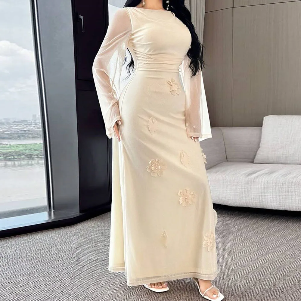 

Customized A-Line Prom Dresses Ankle-Length Scoop-Neck Full Sleeve Evening Gown Simple Fashion Flowers Draped Casual Party Gown