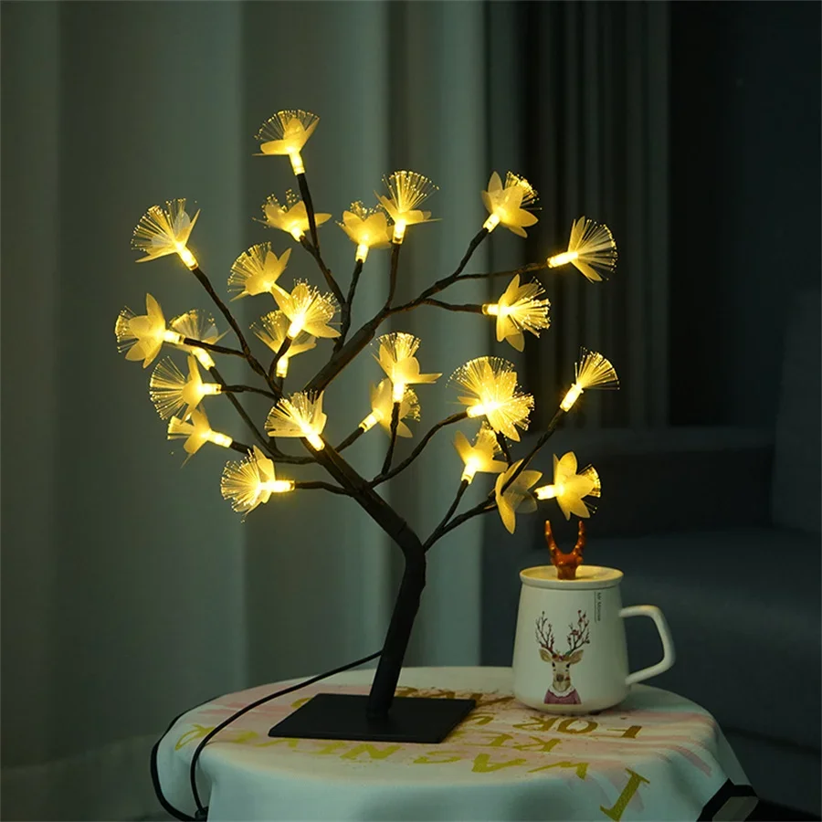 Luz LED de árbol de flores de fibra óptica, 60CM, 24 luces LED alimentadas por USB, lámpara de árbol de espíritu, luz de árbol bonsái para decoración de mesita de noche de escritorio