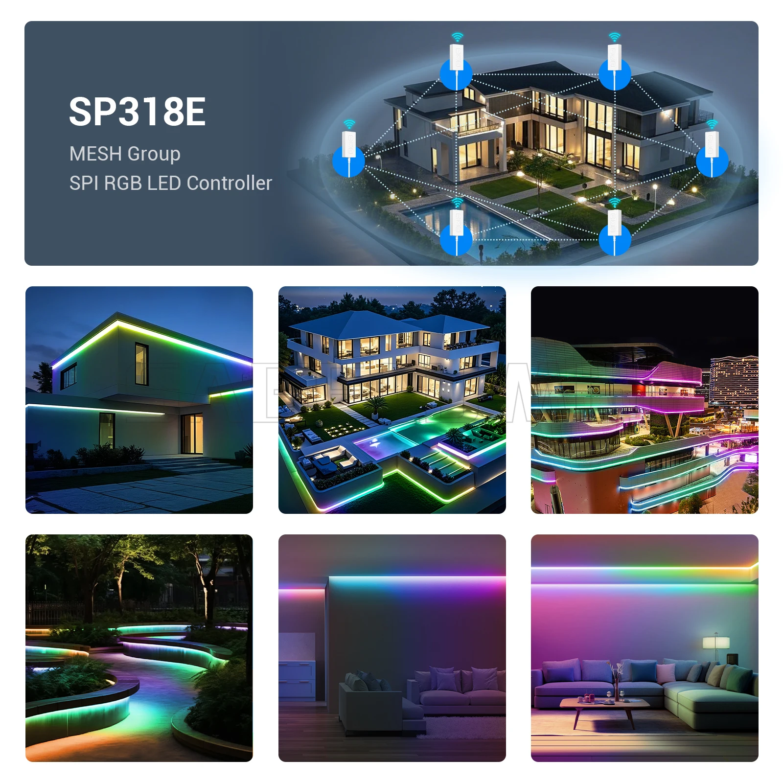 Bluetooth DC5-24V SP318E SPI RGBIC LED Controller MESH Flexible Networking Group Control up 200Devices App Music DIY Visual UI