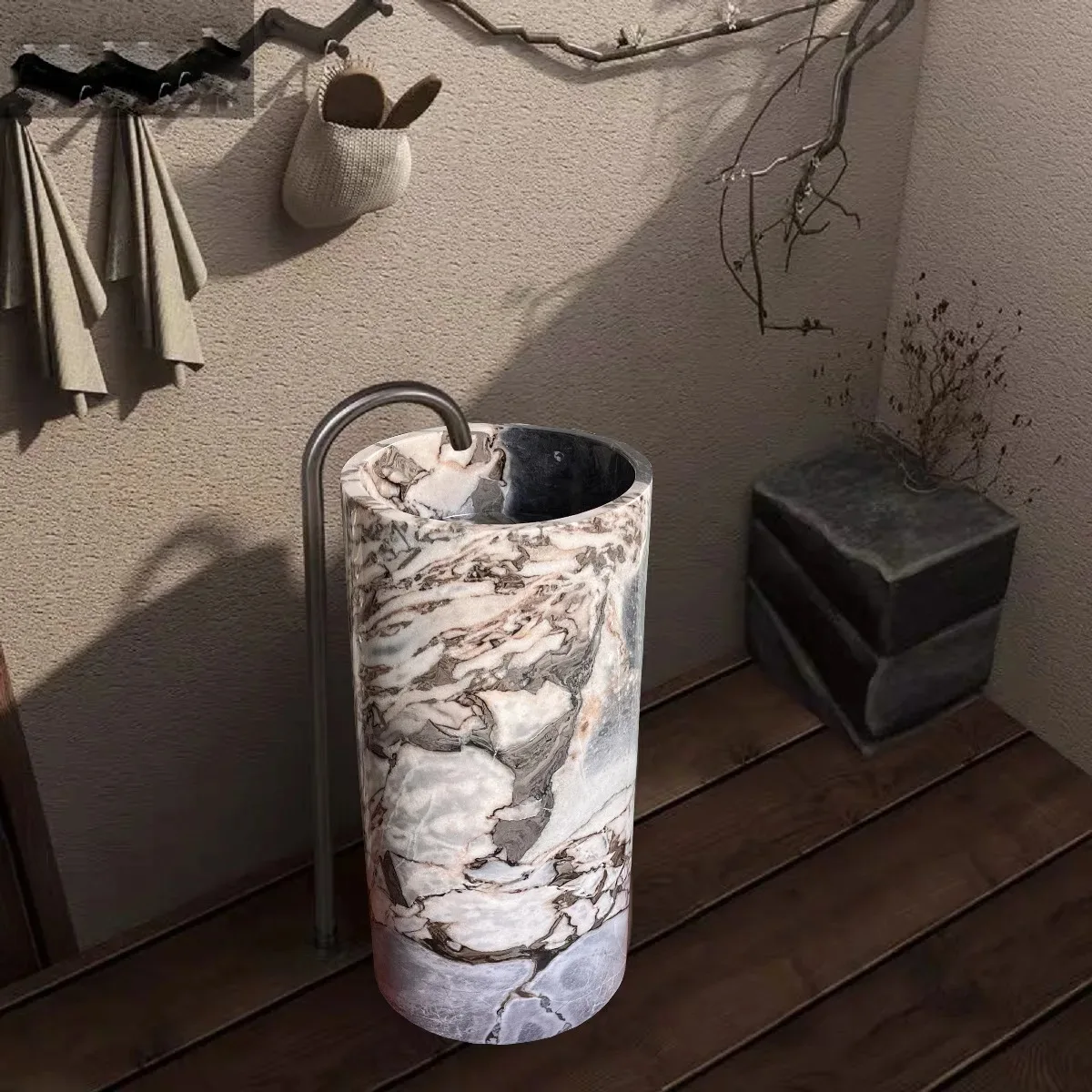 Bathroom, hotel, minimalist art integrated molding rough stone column basin