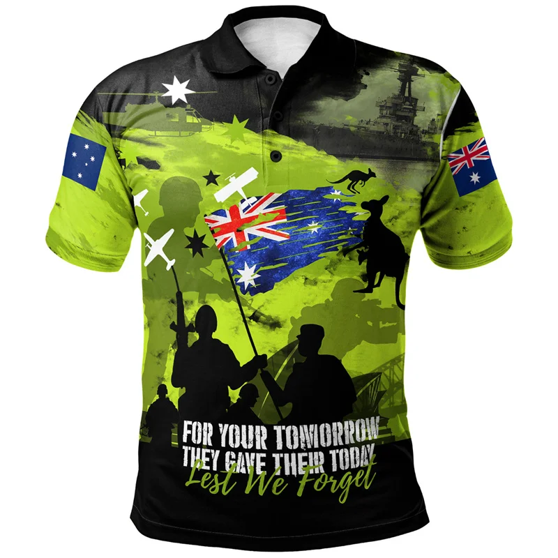 Camiseta polo con estampado 3D del día Anzac para hombre, camiseta informal transpirable de manga corta con bandera australiana para el día de la memoria