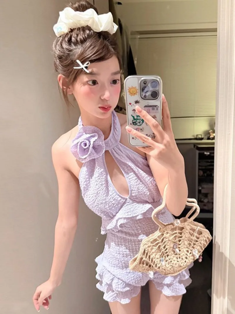 sexy Korean fashion ruffles halter tie hollow out swimsuits one piece plain bodysuits bikinis beach outfits biquini tankini