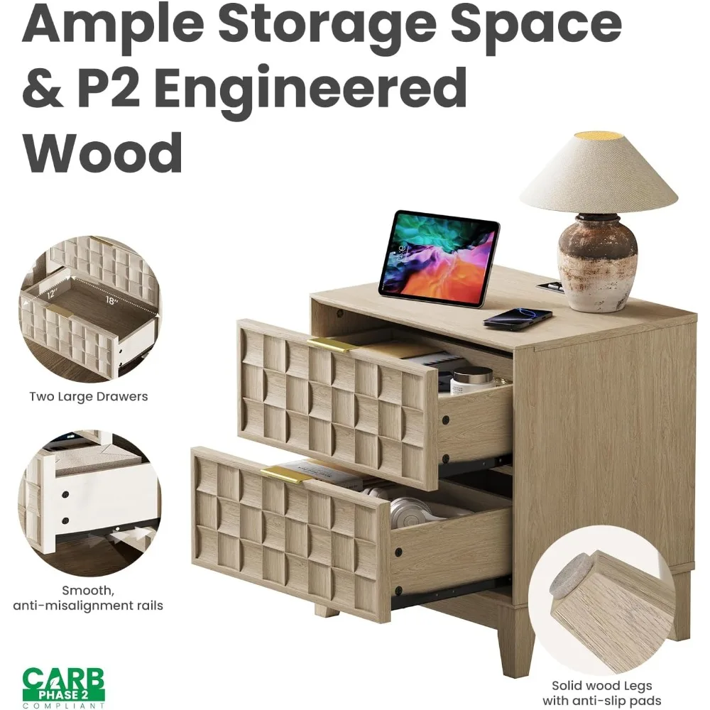 منضدة غرفة نوم حديثة مقاس 22 بوصة مع قاعدة شحن وأدراج تخزين، تتميز بتصميم رقعة الشطرنج