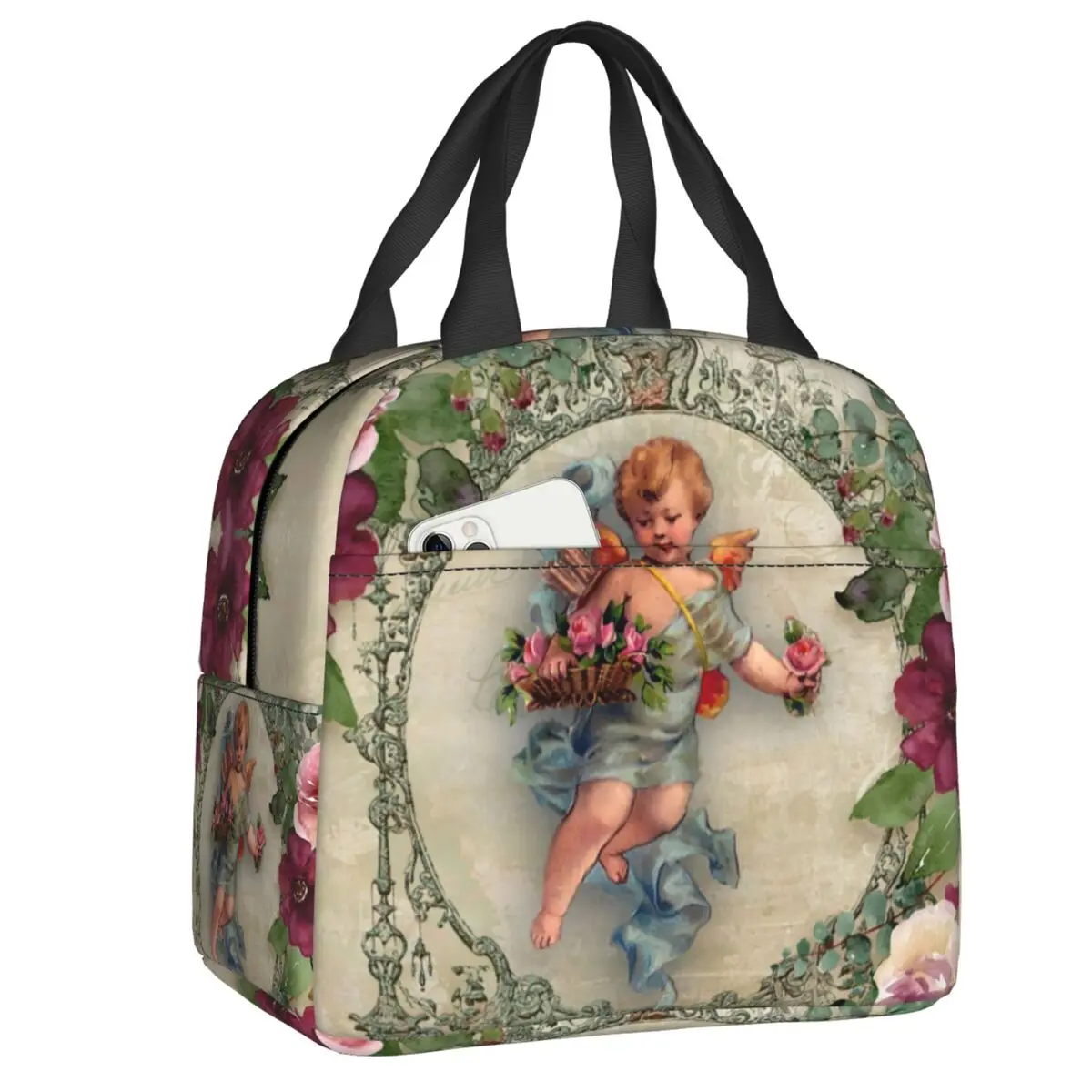 Bolsa de almuerzo de Ángel victoriano Rosa Vintage para mujer, fiambrera con aislamiento térmico para niños, bolsas de mano para el trabajo escolar, comida y Picnic