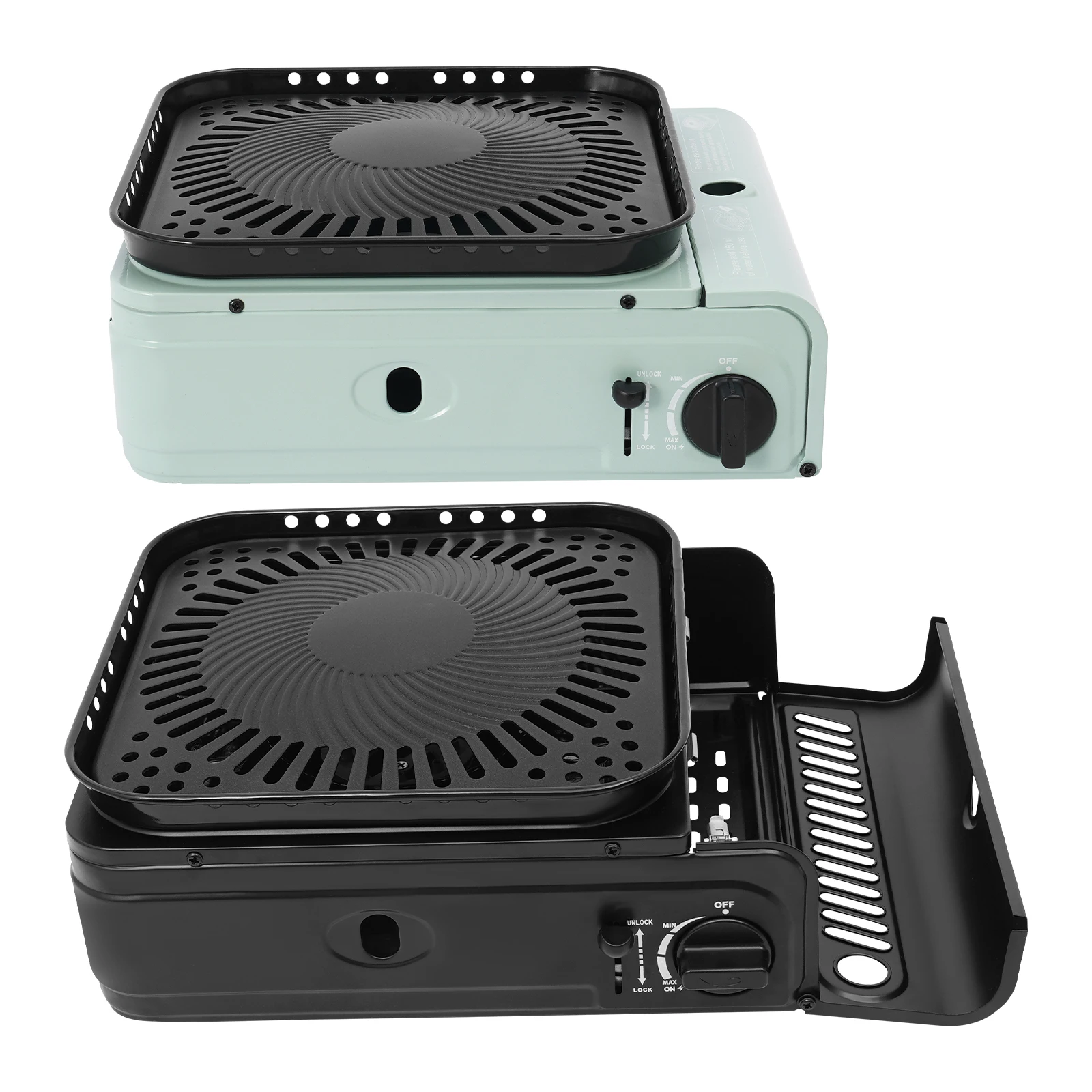 موقد تخييم 2.3 كيلو وات مع حقيبة صينية وحقيبة حمل، موقد تخييم محمول من البروبان، إشعال إلكتروني، أسود/أخضر