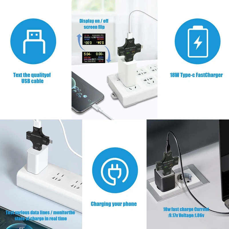 USB C 테스터, 클립 포함, 컬러 스크린, IPS 디지털 멀티미터, 전압, 전류, 전력, 저항, 온도, 2 in 1