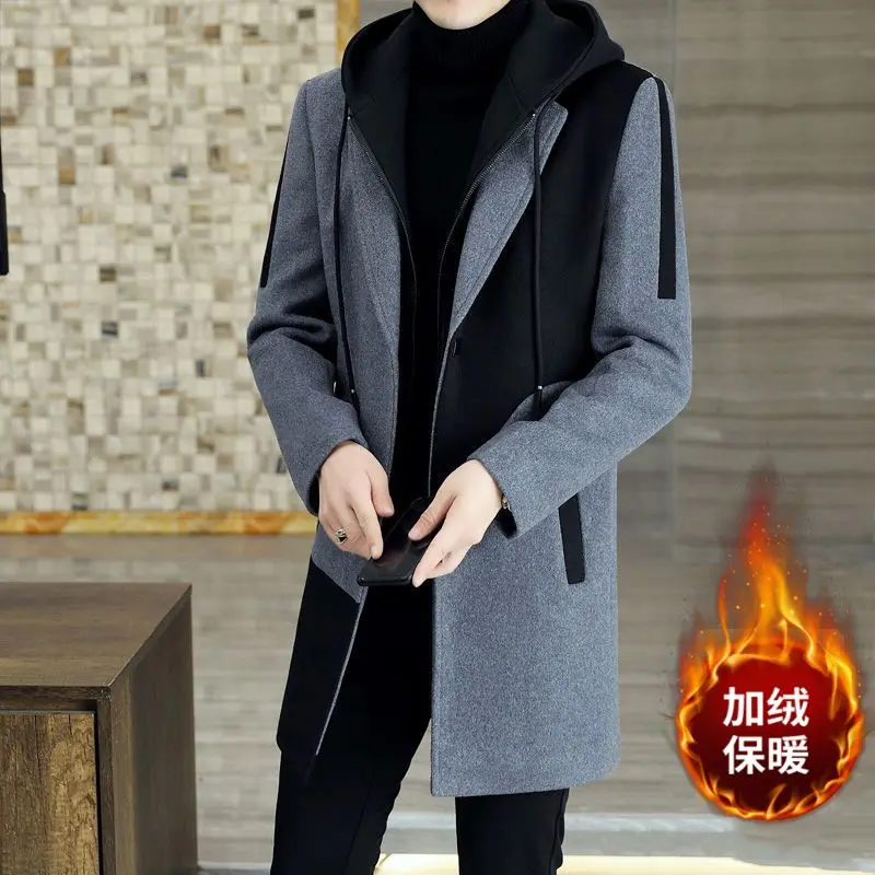 Winter New Hooded Long Sleeve Fashion Woolen Coat Man High Street Contrast Color Patchwork Cardigan All-match Thick Top JJ1302
