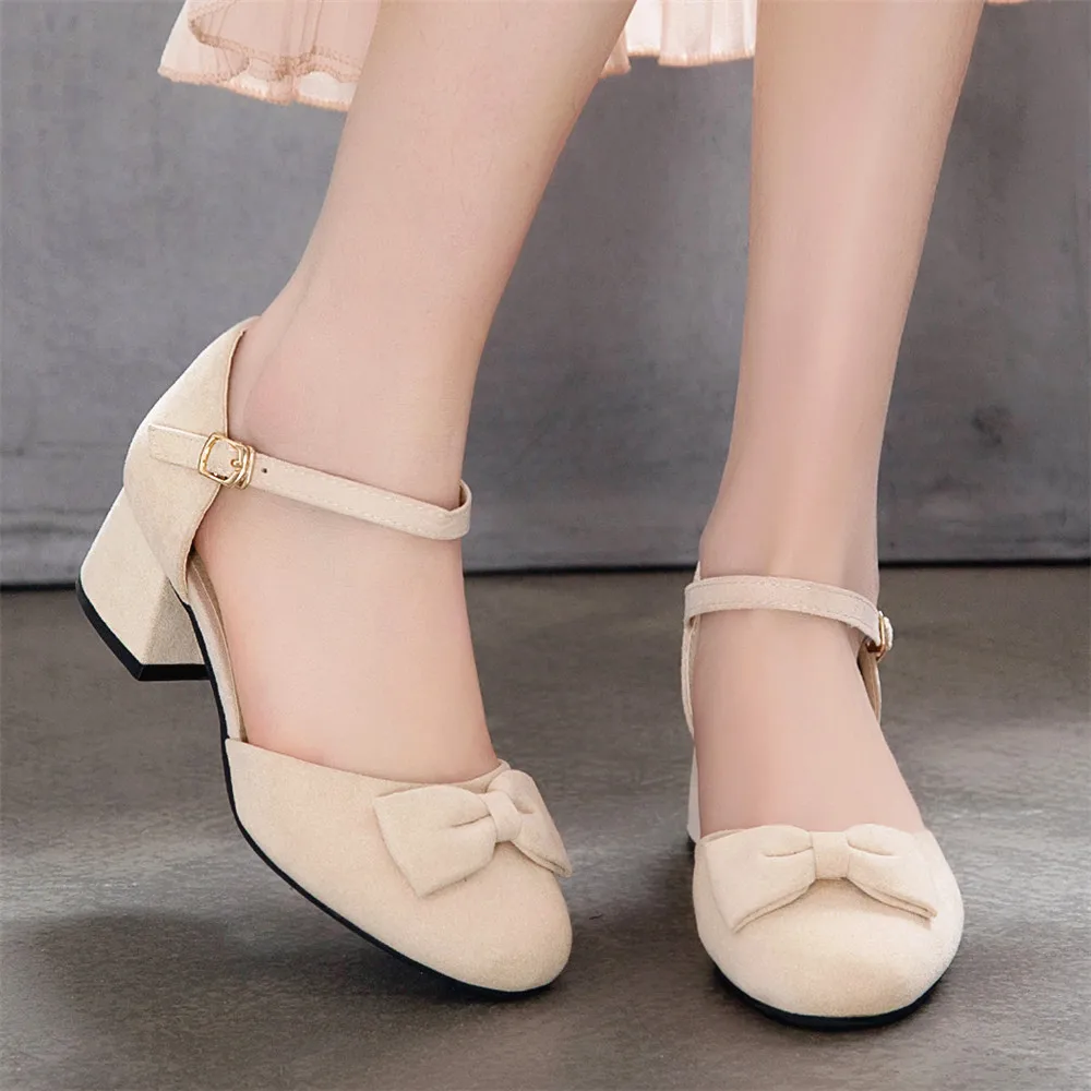 2024 Spring Women High Heels Mary Jane Pumps Party Wedding White Pink Beige Ankle Strap Buckle Flock Bow Princess Lolita Shoes